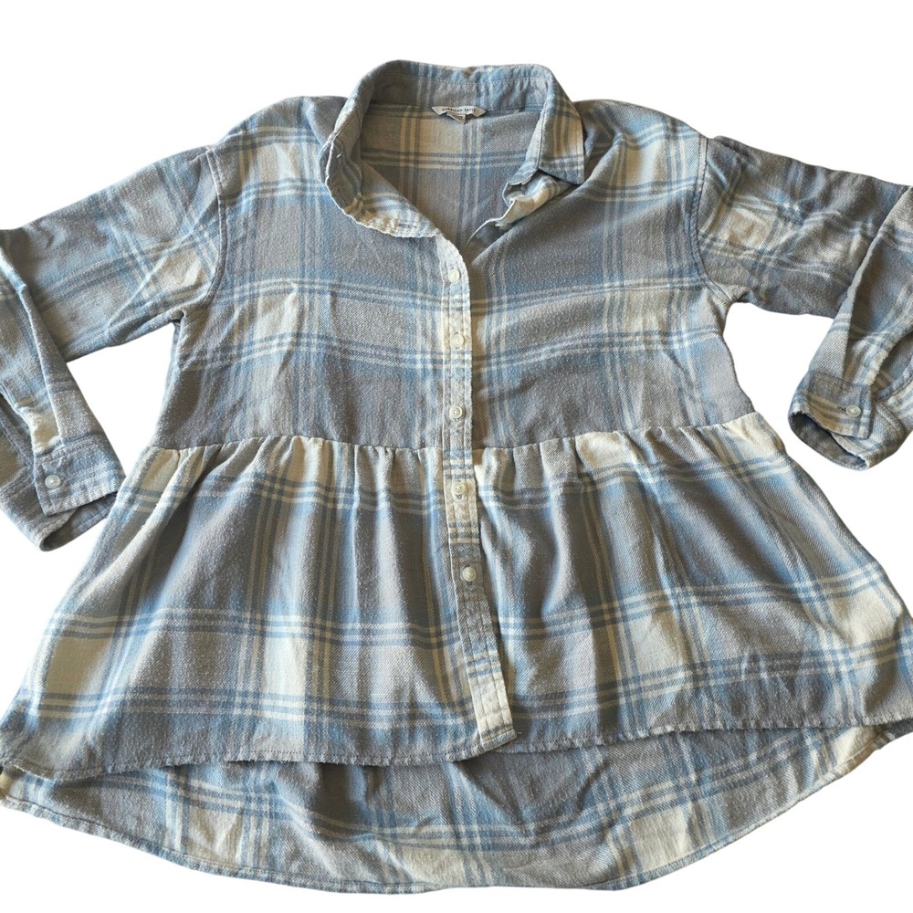 American Eagle Blue Plaid Flannel Peplum Top Womens XS Extra Small Shirt‎